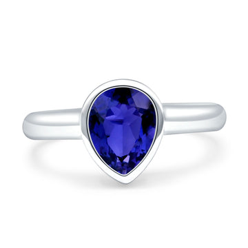 Bezel Set 9mmX7mm Pear Engagement Ring Simulated Blue Sapphire CZ 925 Sterling Silver Wholesale